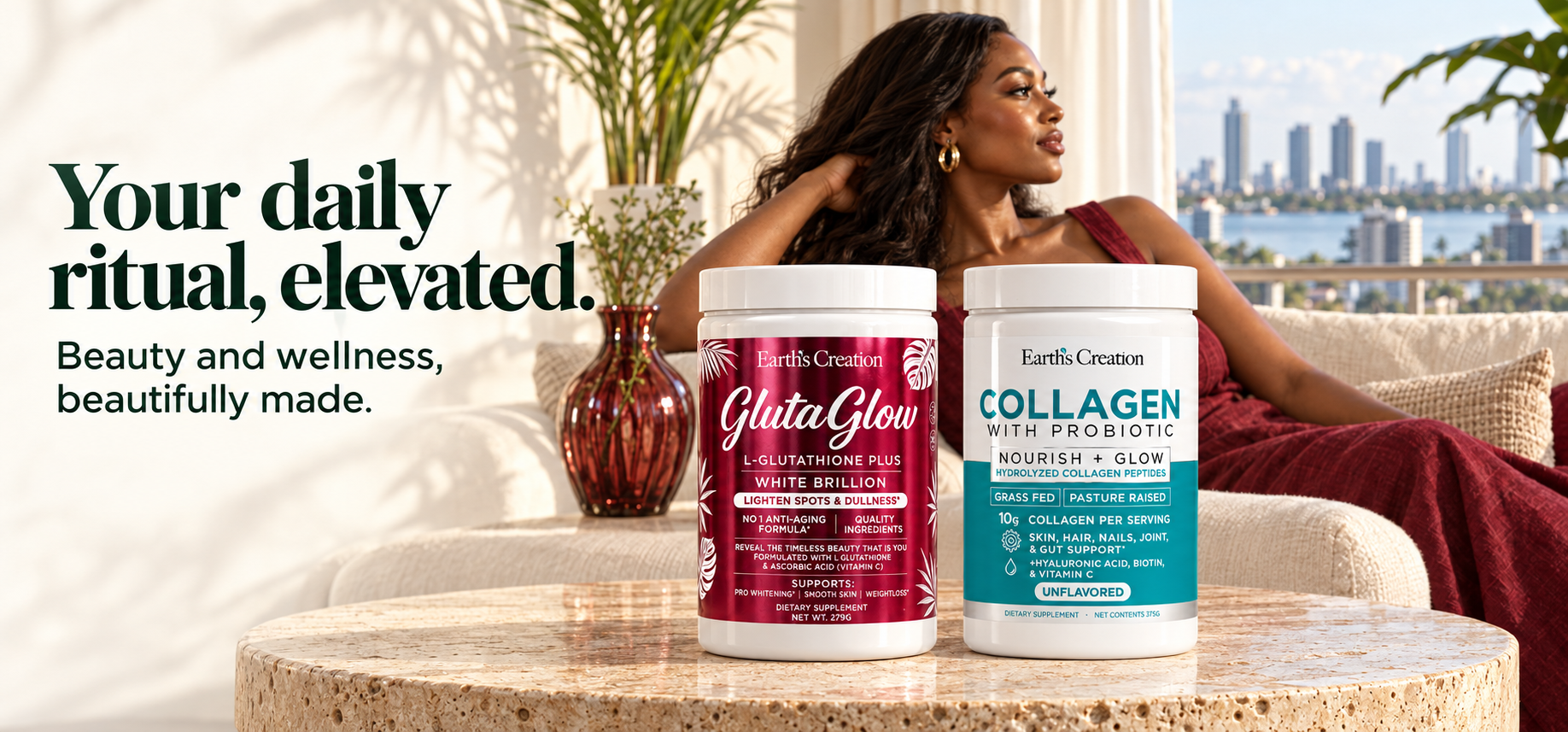Your daily ritual, elevated. GlutaGlow and unflavored collagen in a sunlit Lagos setting.
