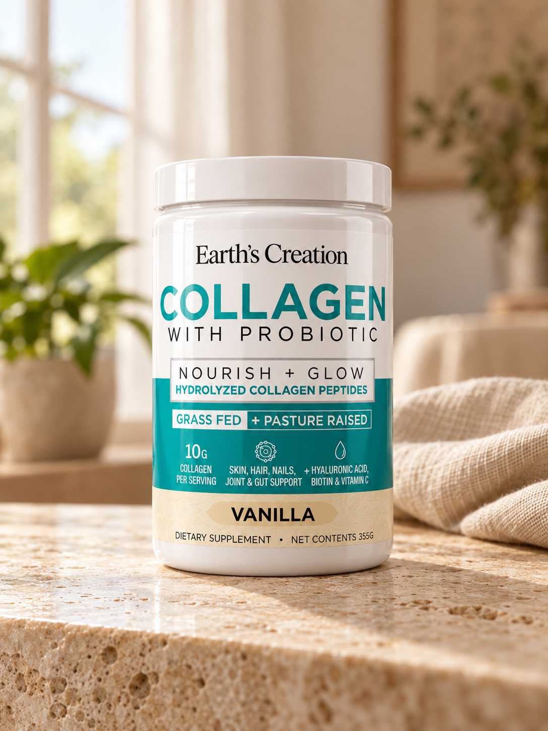 Earth’s Creation Collagen with Probiotic – Vanilla | Nourish + Glow, 10g Collagen per Serving