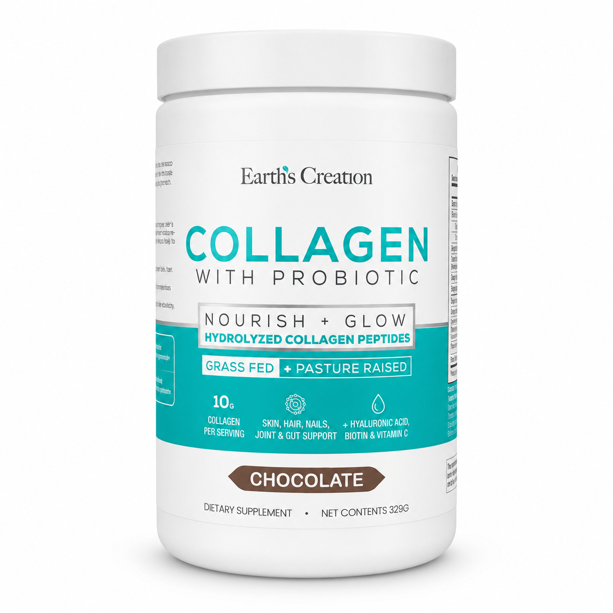 Earth’s Creation Collagen with Probiotic – Chocolate Hydrolyzed Collagen Peptides – Nourish + Glow