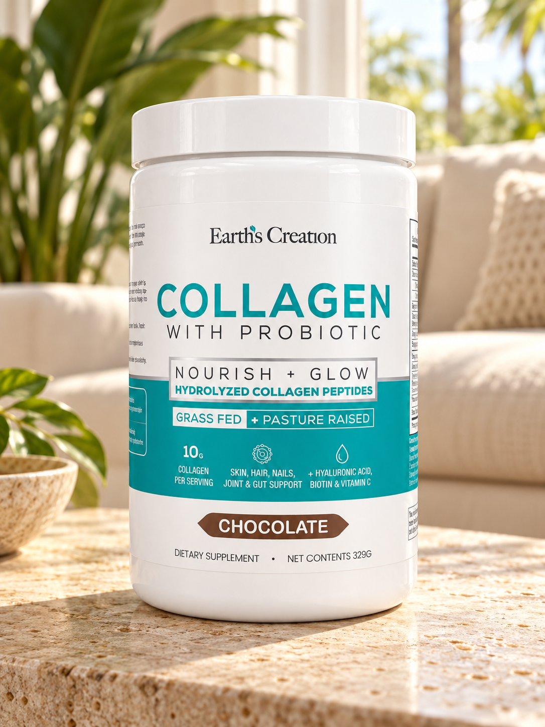 Earth’s Creation Collagen with Probiotic – Chocolate Hydrolyzed Collagen Peptides – Nourish + Glow