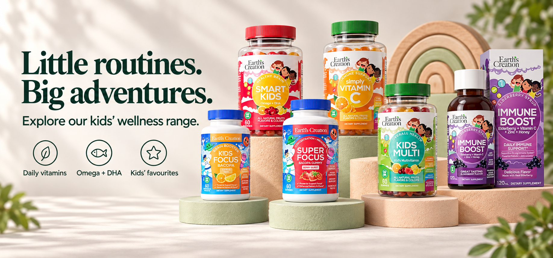 Little routines. Big adventures. The complete six-product children’s wellness range in a colourful studio scene.