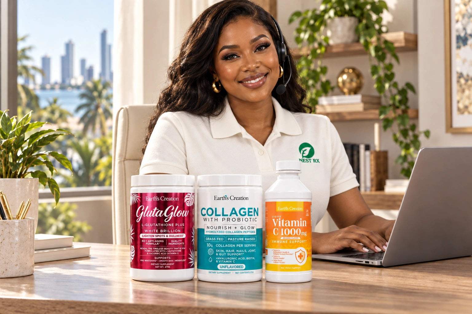 Illustrative representative wearing a NEST RX polo, with Earth’s Creation GlutaGlow, Collagen and Vitamin C