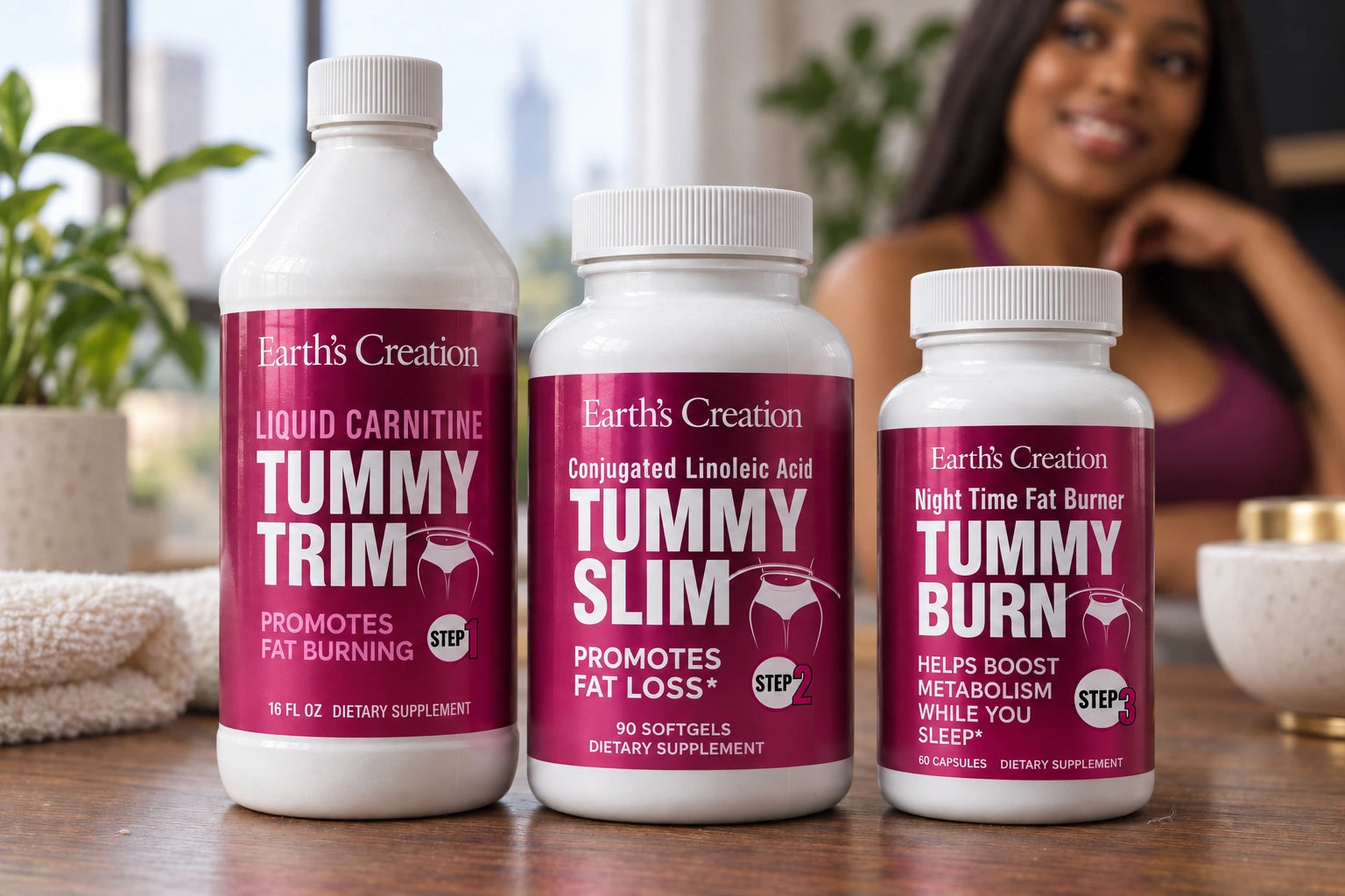 Earth’s Creation Tummy Trim, Tummy Slim and Tummy Burn on a walnut studio table